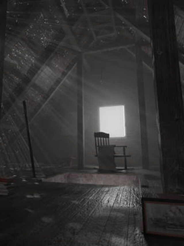 3d rendering of darken empty attic with aged stuff and light rays through holes